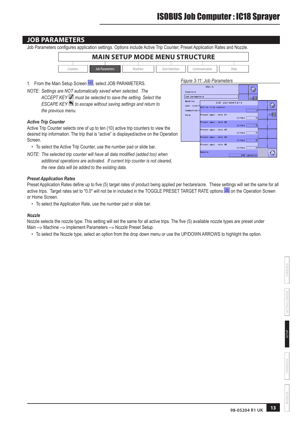 Isobus job computer : ic18 sprayer, Job parameters, Main setup mode menu structure | TeeJet IC18 SPRAYER JOB COMPUTER User Manual | Page 18 / 43