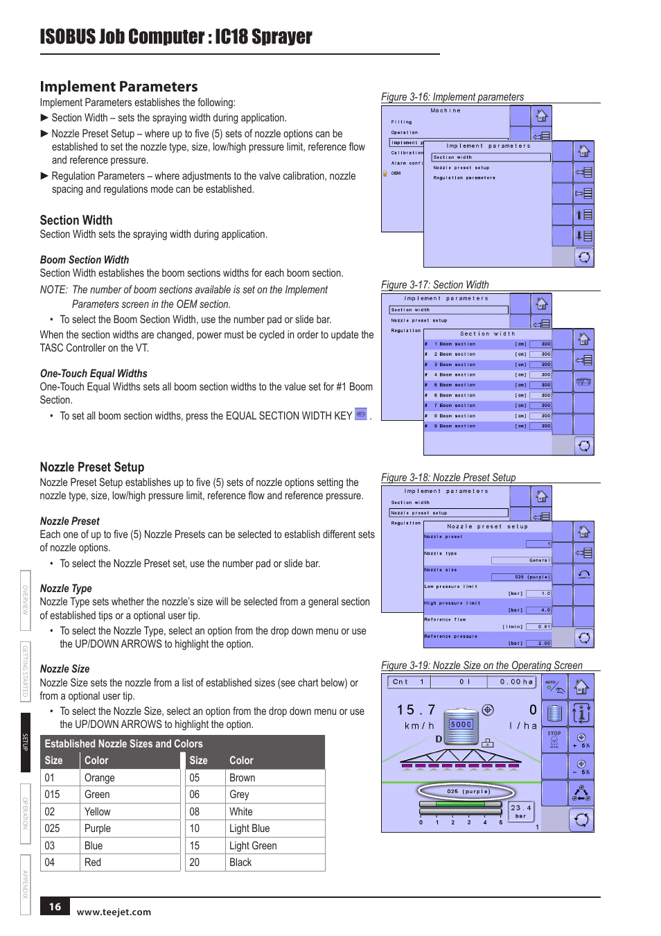 Isobus job computer : ic18 sprayer, Implement parameters, Nozzle preset setup | TeeJet IC18 SPRAYER JOB COMPUTER User Manual | Page 21 / 43
