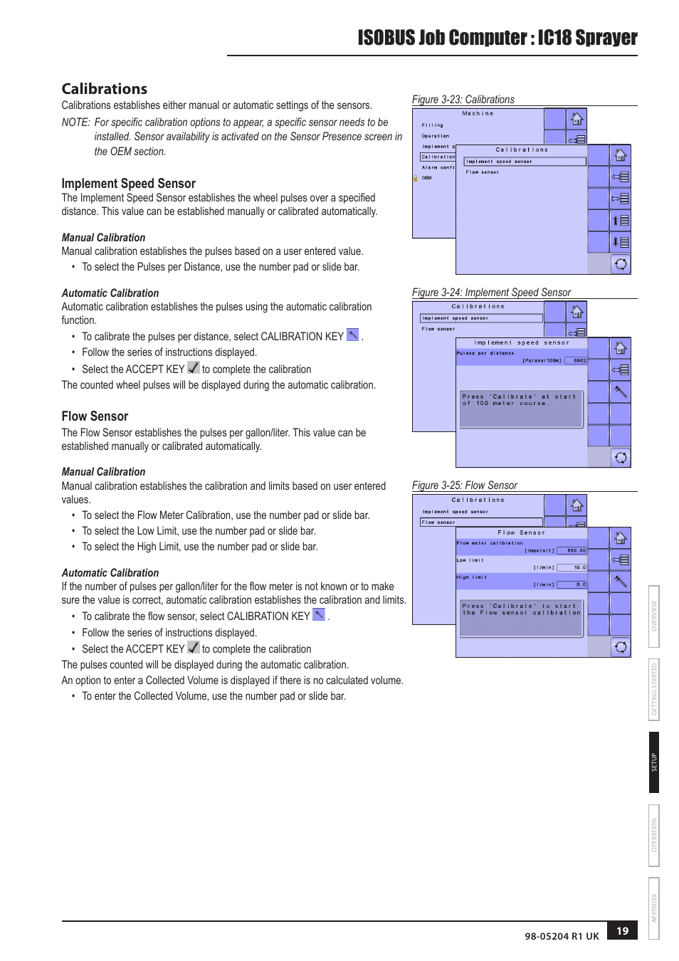 Isobus job computer : ic18 sprayer, Calibrations, Implement speed sensor | Flow sensor | TeeJet IC18 SPRAYER JOB COMPUTER User Manual | Page 24 / 43