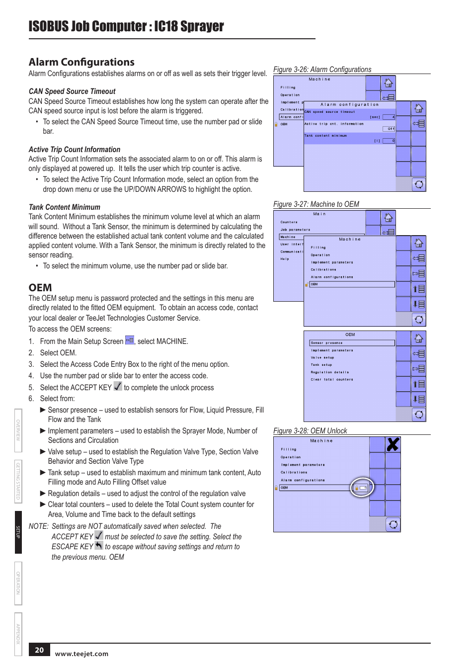 Isobus job computer : ic18 sprayer, Alarm configurations | TeeJet IC18 SPRAYER JOB COMPUTER User Manual | Page 25 / 43