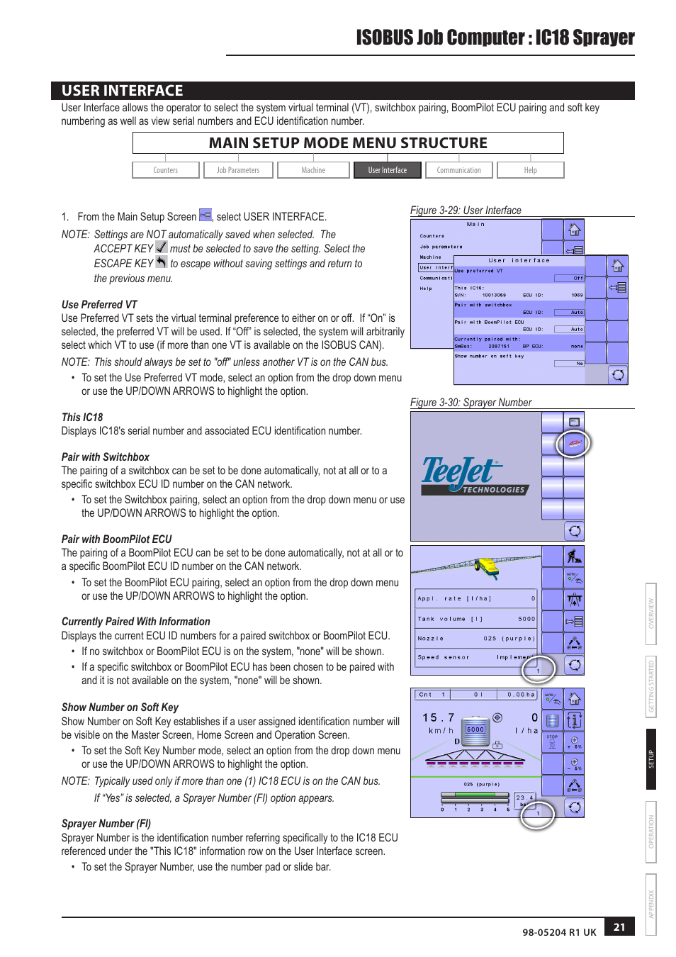 Isobus job computer : ic18 sprayer, User interface, Main setup mode menu structure | TeeJet IC18 SPRAYER JOB COMPUTER User Manual | Page 26 / 43