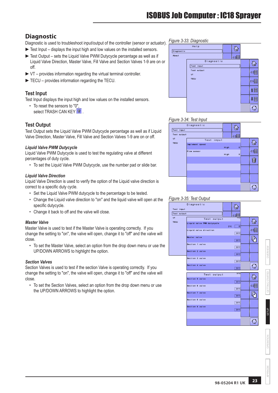 Isobus job computer : ic18 sprayer, Diagnostic, Test input | Test output | TeeJet IC18 SPRAYER JOB COMPUTER User Manual | Page 28 / 43