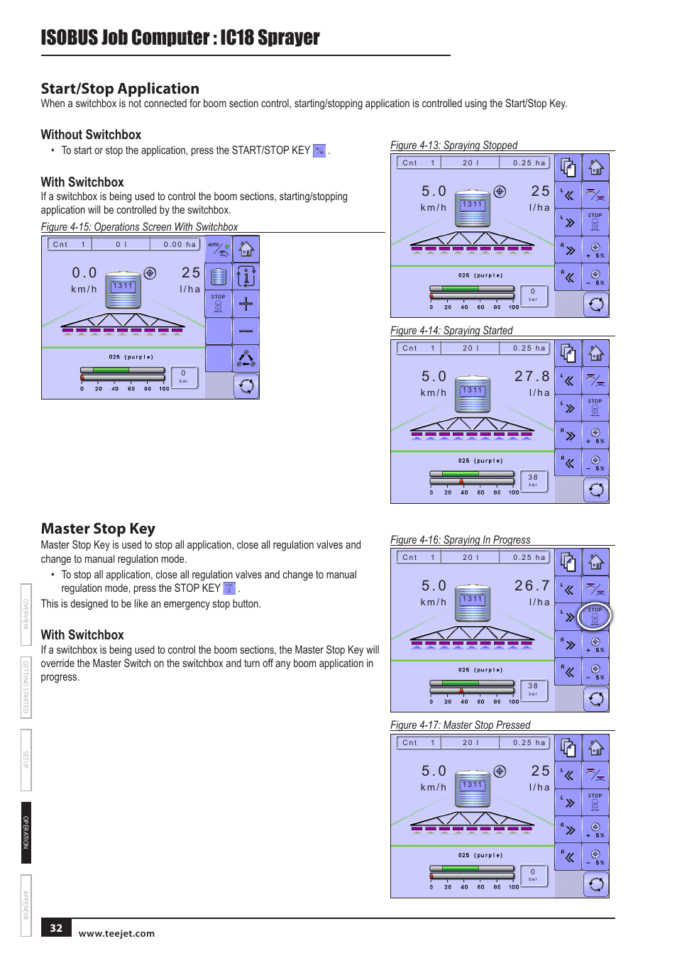 Isobus job computer : ic18 sprayer, Start/stop application, Master stop key | Without switchbox, With switchbox | TeeJet IC18 SPRAYER JOB COMPUTER User Manual | Page 37 / 43