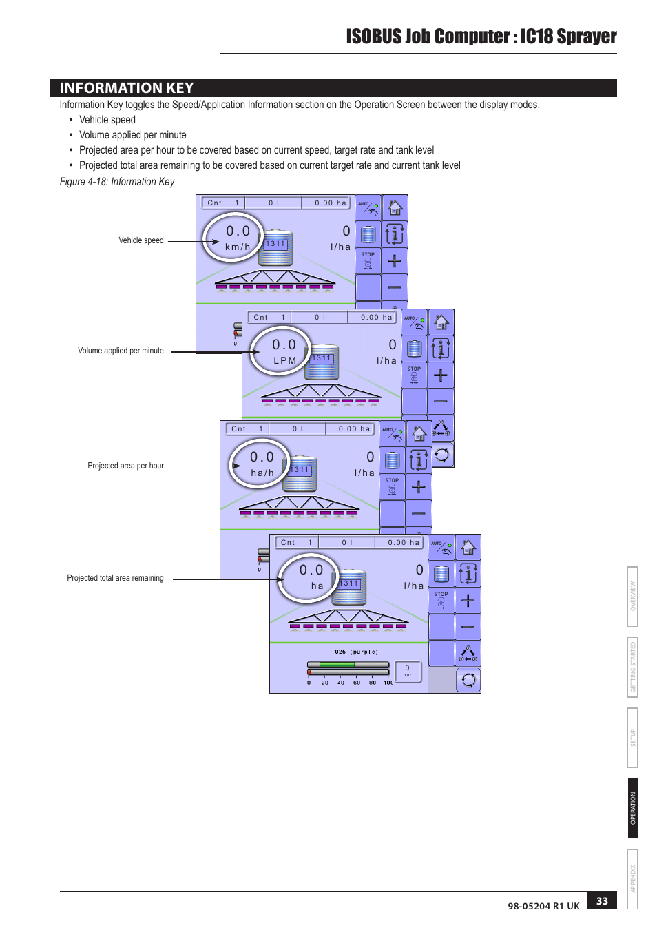 Isobus job computer : ic18 sprayer, Information key | TeeJet IC18 SPRAYER JOB COMPUTER User Manual | Page 38 / 43