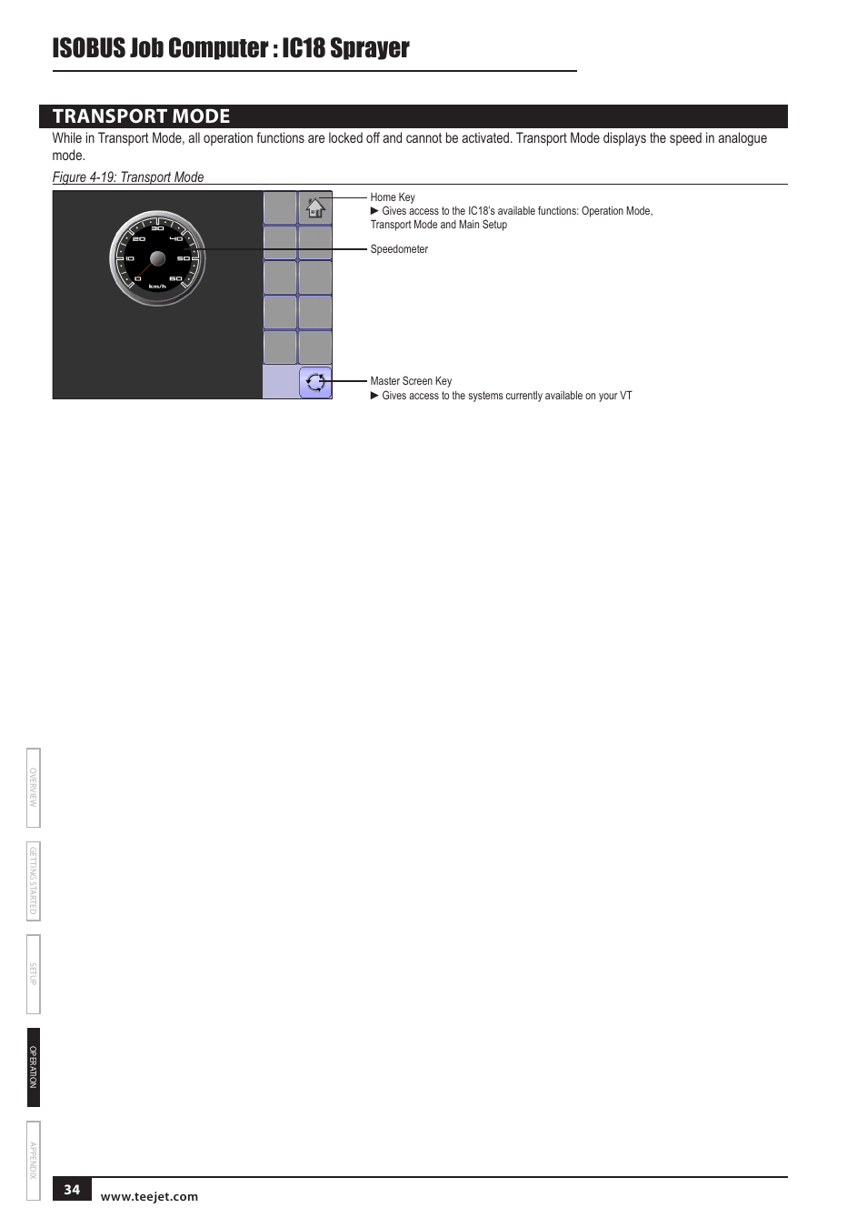 Isobus job computer : ic18 sprayer, Transport mode | TeeJet IC18 SPRAYER JOB COMPUTER User Manual | Page 39 / 43