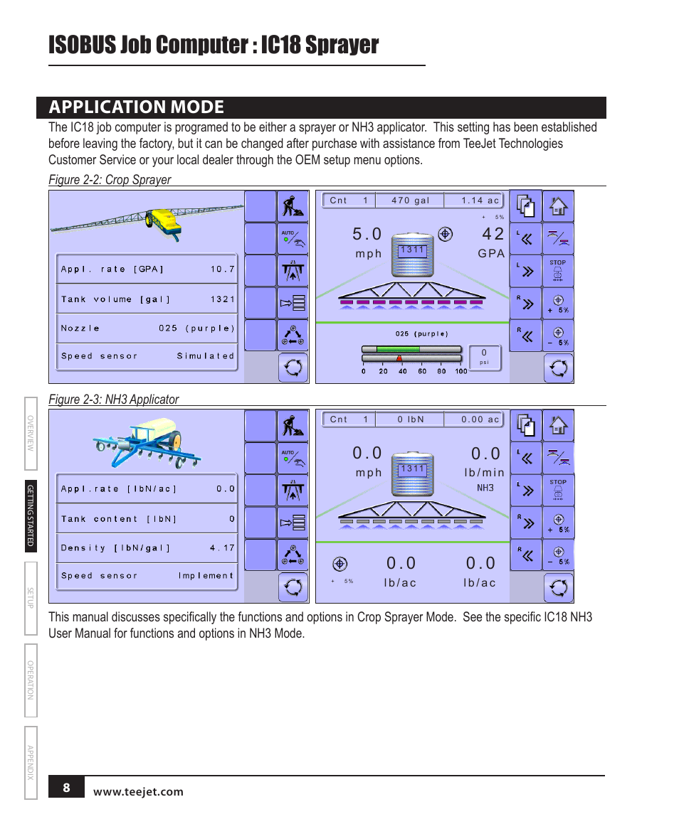 Isobus job computer : ic18 sprayer, Application mode | TeeJet IC18 SPRAYER JOB COMPUTER User Manual | Page 14 / 68