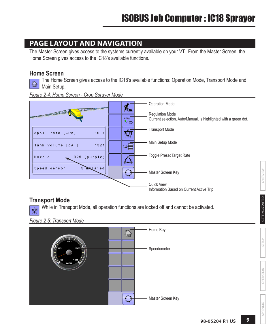 Isobus job computer : ic18 sprayer, Page layout and navigation, Home screen | Transport mode | TeeJet IC18 SPRAYER JOB COMPUTER User Manual | Page 15 / 68