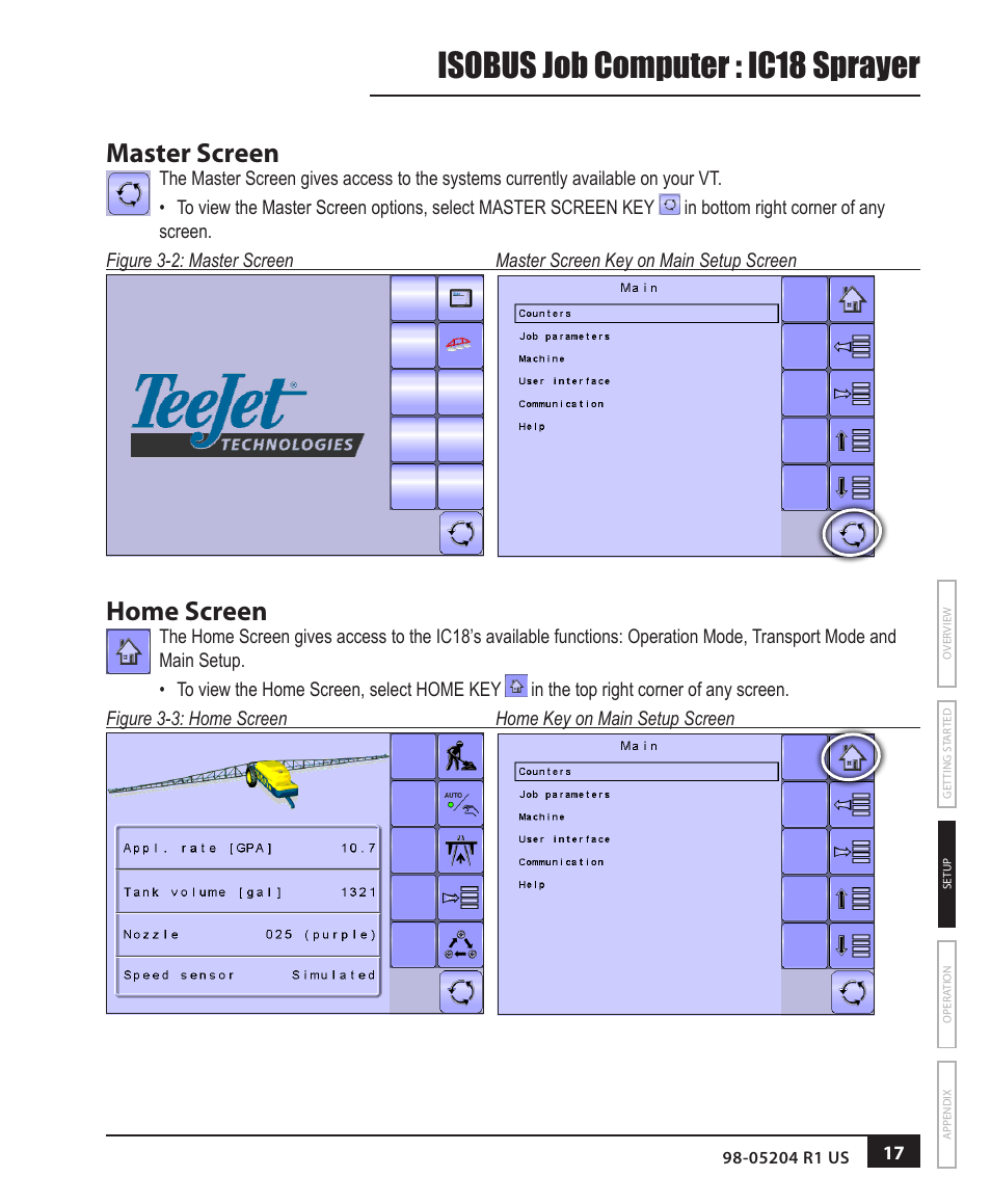 Isobus job computer : ic18 sprayer, Master screen, Home screen | TeeJet IC18 SPRAYER JOB COMPUTER User Manual | Page 23 / 68