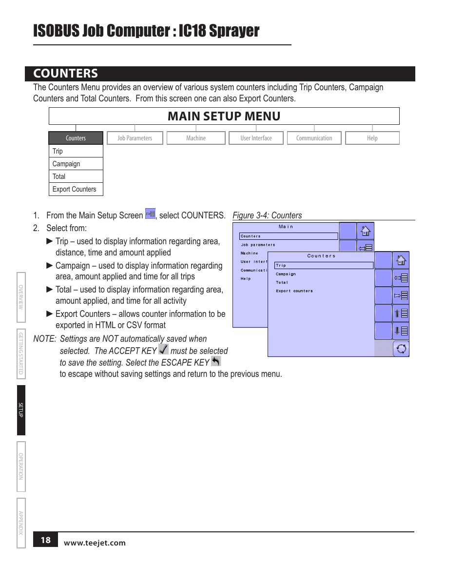 Isobus job computer : ic18 sprayer, Counters, Main setup menu | TeeJet IC18 SPRAYER JOB COMPUTER User Manual | Page 24 / 68