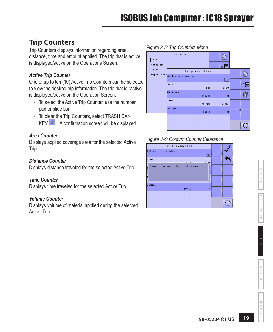 Isobus job computer : ic18 sprayer, Trip counters | TeeJet IC18 SPRAYER JOB COMPUTER User Manual | Page 25 / 68