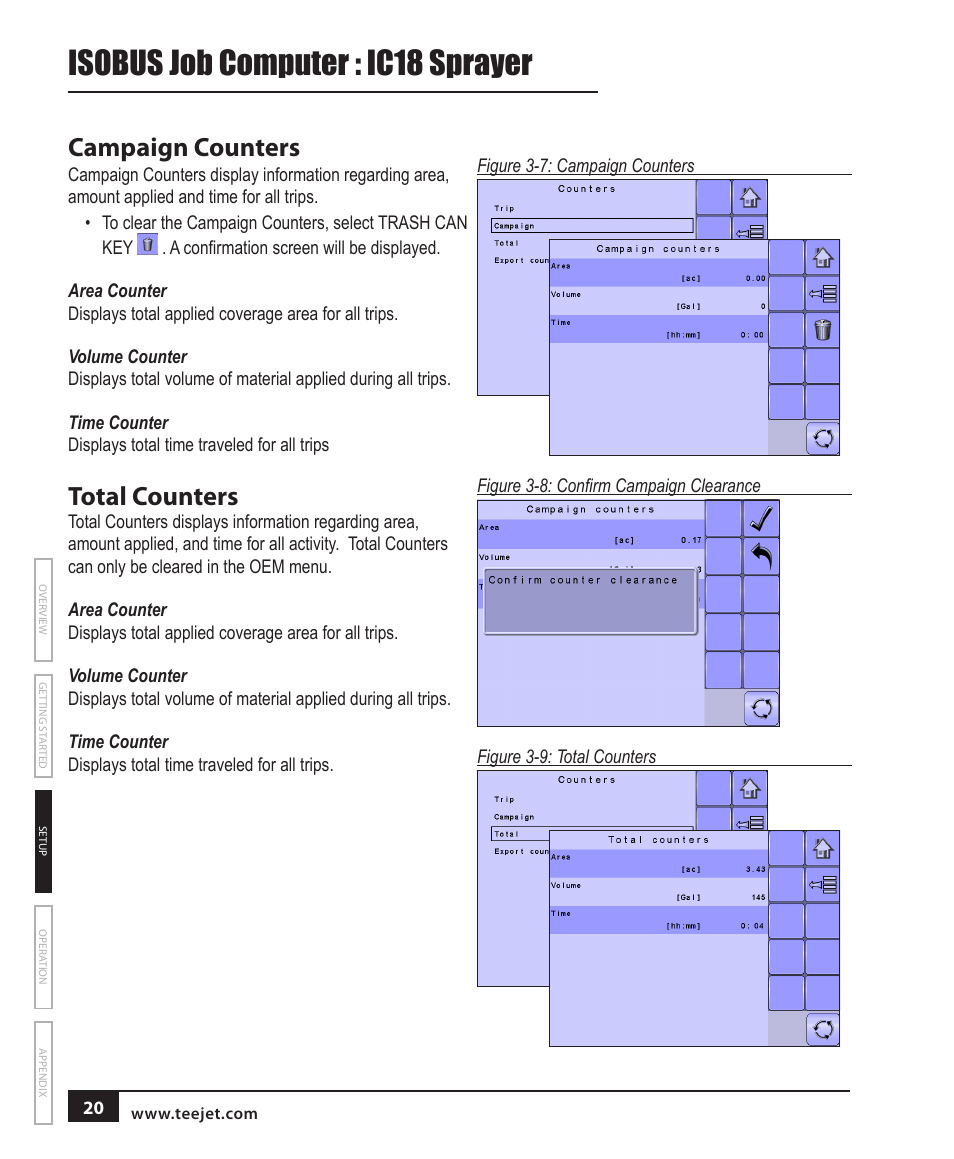 Isobus job computer : ic18 sprayer, Campaign counters, Total counters | TeeJet IC18 SPRAYER JOB COMPUTER User Manual | Page 26 / 68