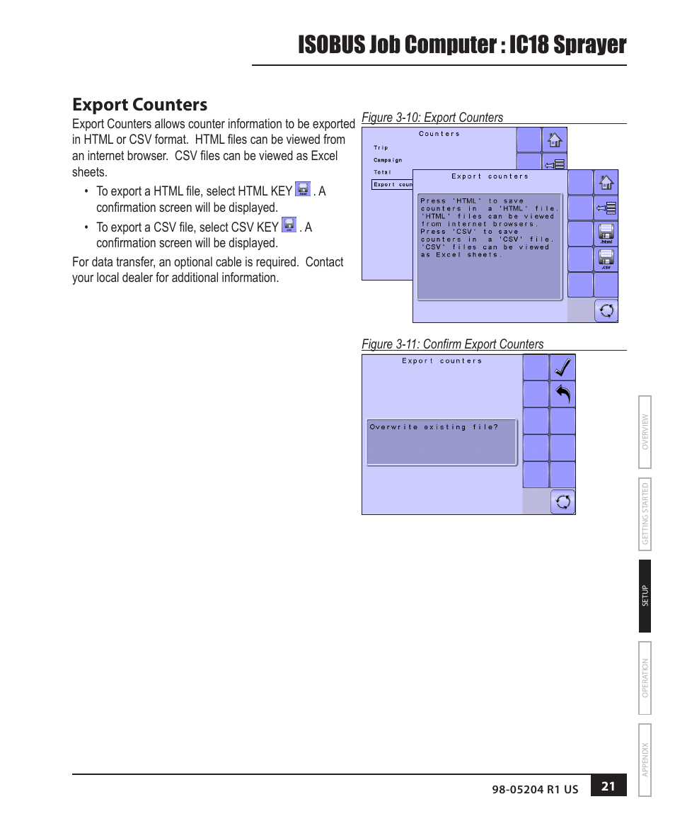 Isobus job computer : ic18 sprayer, Export counters | TeeJet IC18 SPRAYER JOB COMPUTER User Manual | Page 27 / 68