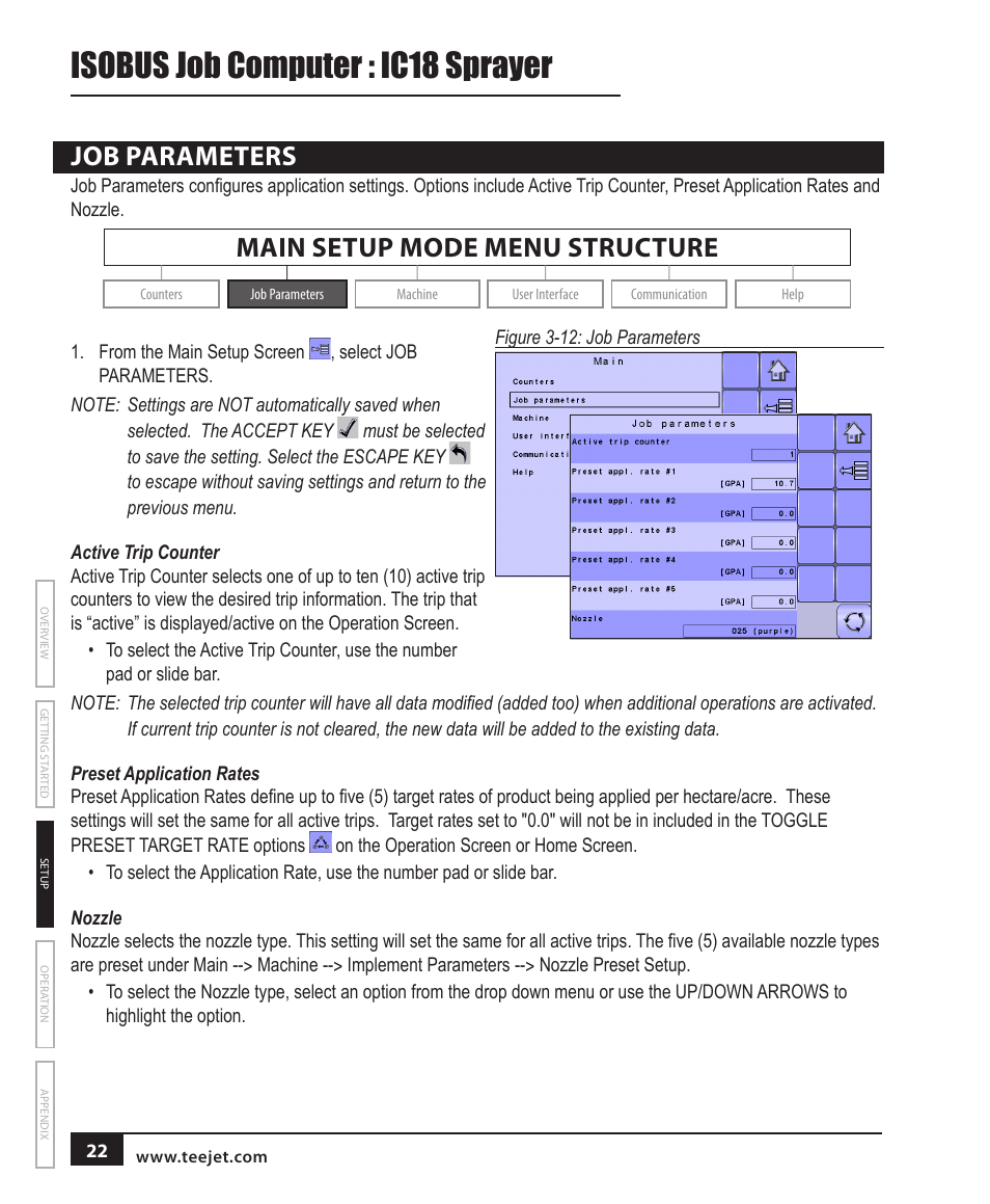 Isobus job computer : ic18 sprayer, Job parameters, Main setup mode menu structure | TeeJet IC18 SPRAYER JOB COMPUTER User Manual | Page 28 / 68