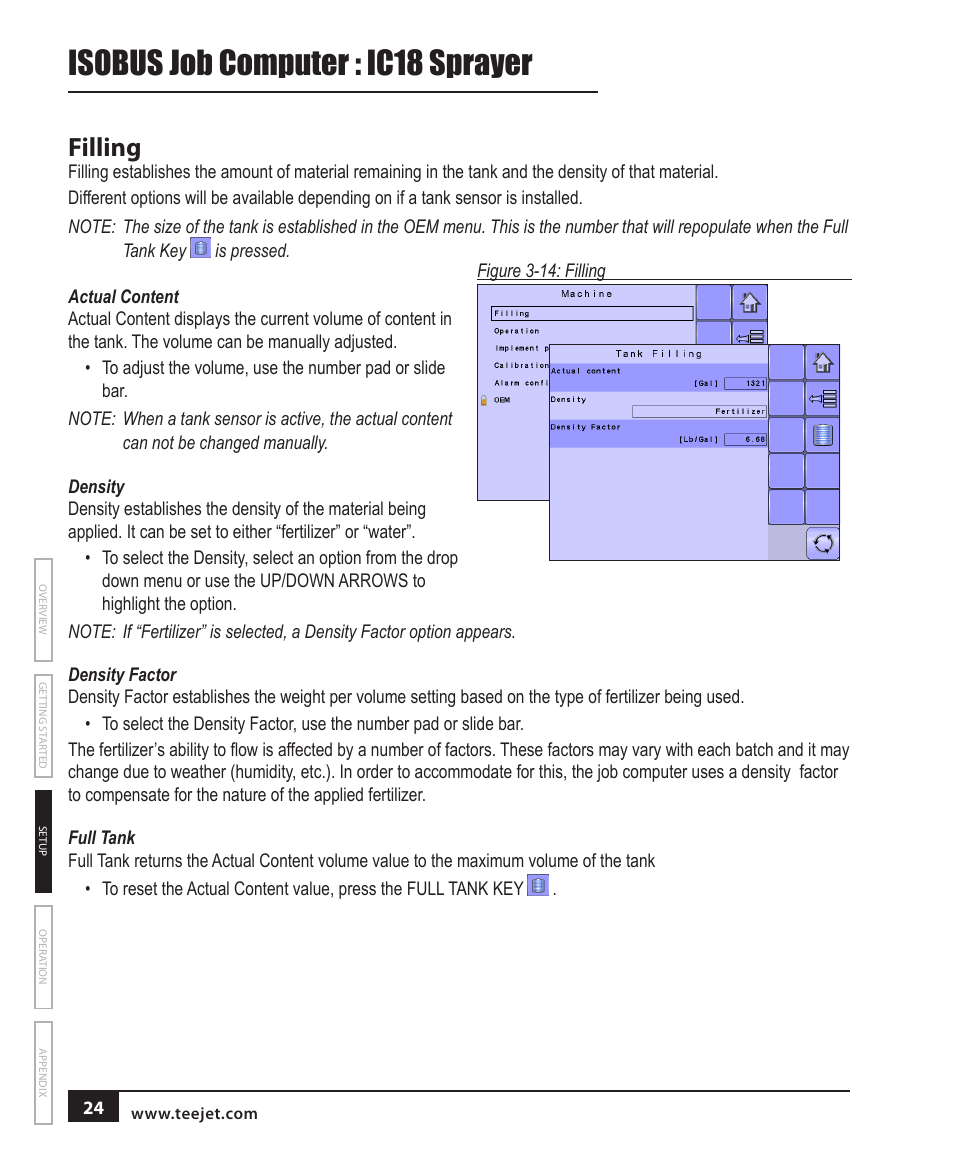 Isobus job computer : ic18 sprayer, Filling | TeeJet IC18 SPRAYER JOB COMPUTER User Manual | Page 30 / 68