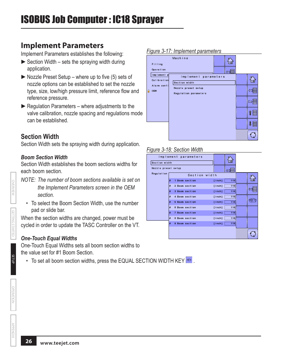 Isobus job computer : ic18 sprayer, Implement parameters | TeeJet IC18 SPRAYER JOB COMPUTER User Manual | Page 32 / 68