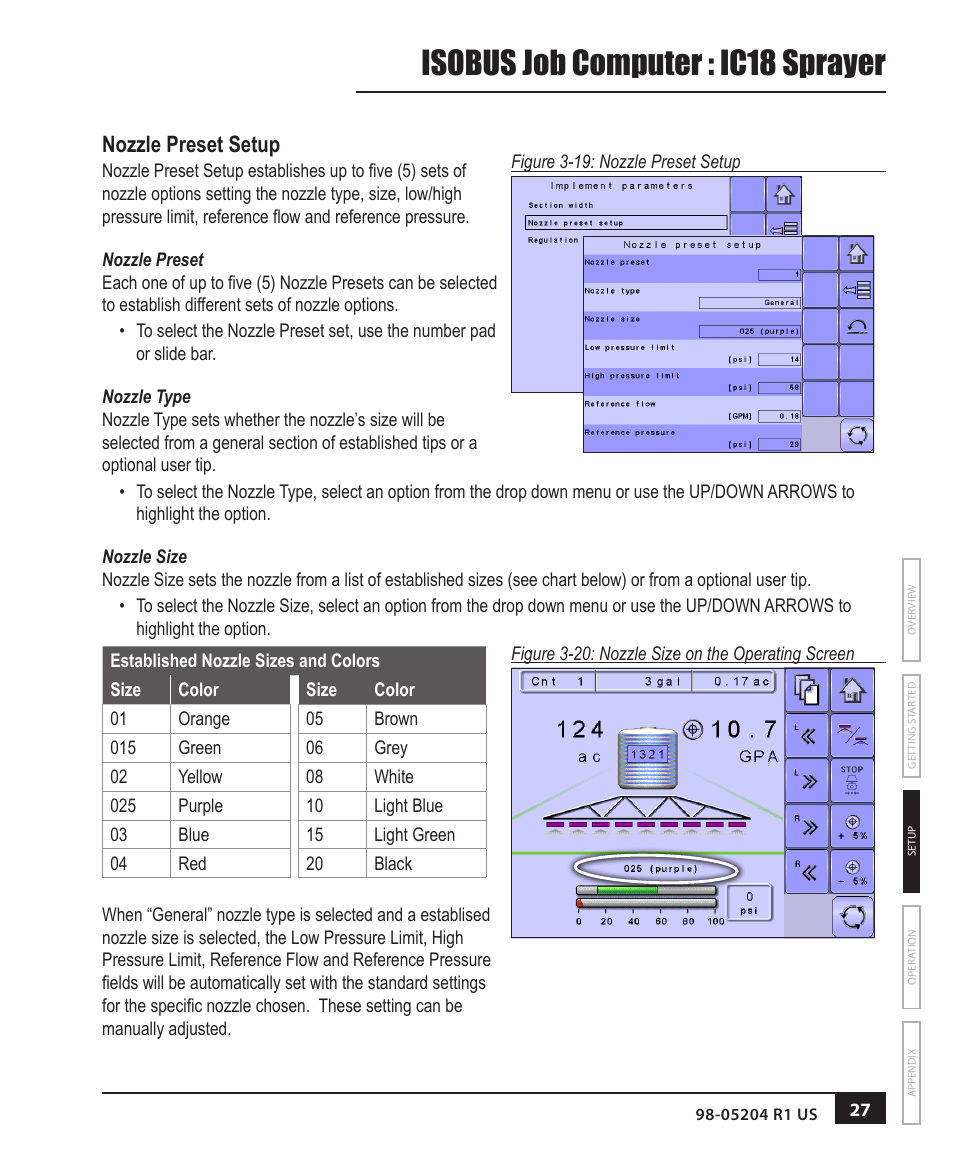 Isobus job computer : ic18 sprayer, Nozzle preset setup | TeeJet IC18 SPRAYER JOB COMPUTER User Manual | Page 33 / 68