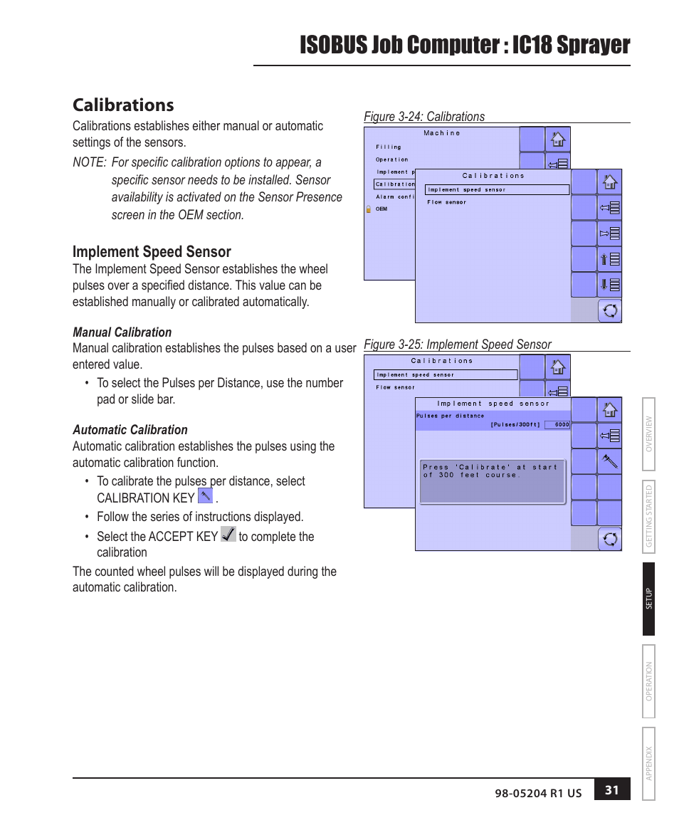 Isobus job computer : ic18 sprayer, Calibrations, Implement speed sensor | TeeJet IC18 SPRAYER JOB COMPUTER User Manual | Page 37 / 68