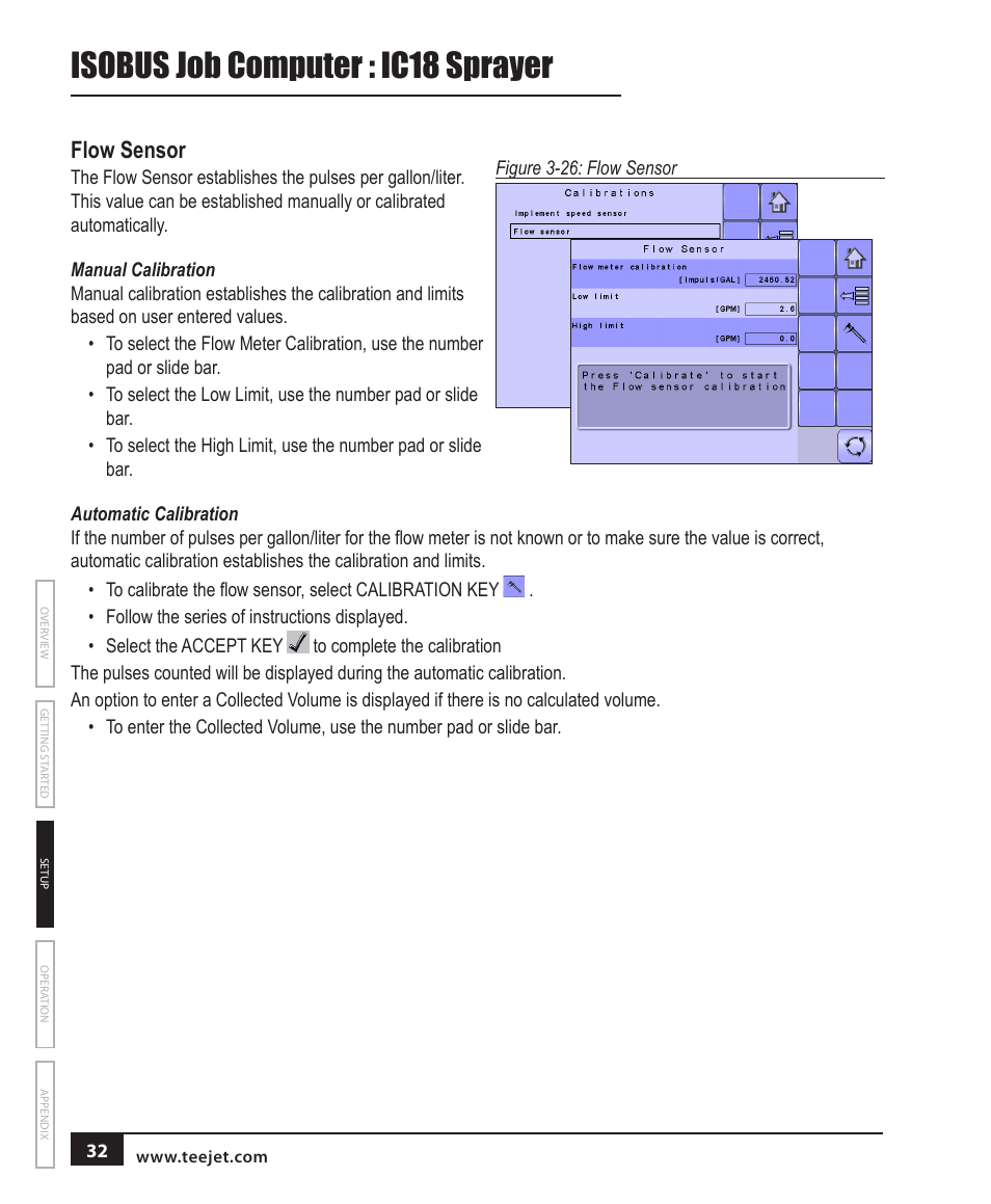 Isobus job computer : ic18 sprayer, Flow sensor | TeeJet IC18 SPRAYER JOB COMPUTER User Manual | Page 38 / 68