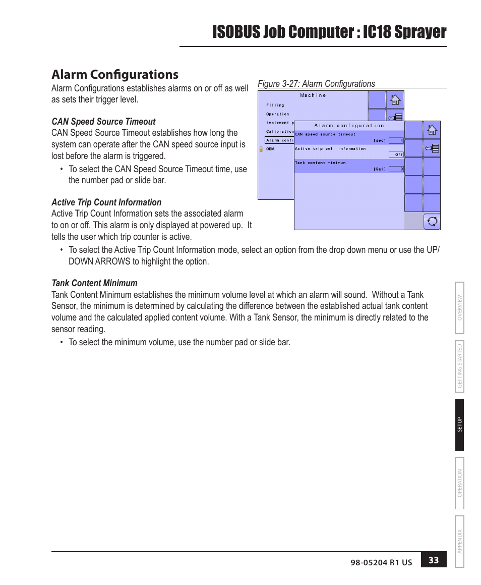 Isobus job computer : ic18 sprayer, Alarm configurations | TeeJet IC18 SPRAYER JOB COMPUTER User Manual | Page 39 / 68