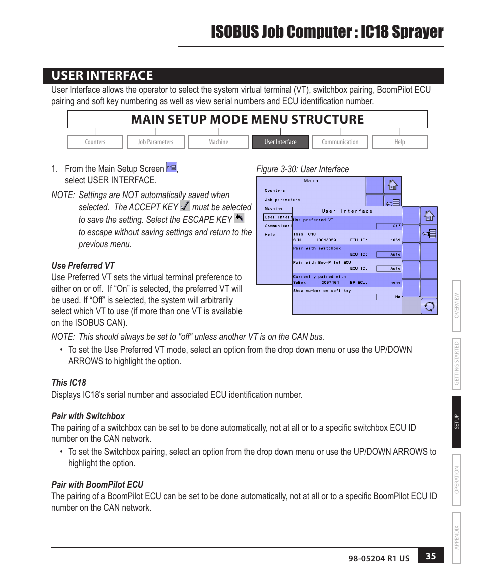 Isobus job computer : ic18 sprayer, User interface, Main setup mode menu structure | TeeJet IC18 SPRAYER JOB COMPUTER User Manual | Page 41 / 68