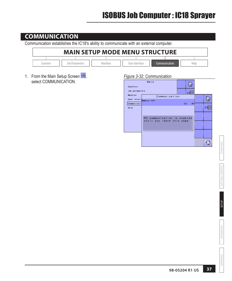 Isobus job computer : ic18 sprayer, Communication, Main setup mode menu structure | TeeJet IC18 SPRAYER JOB COMPUTER User Manual | Page 43 / 68