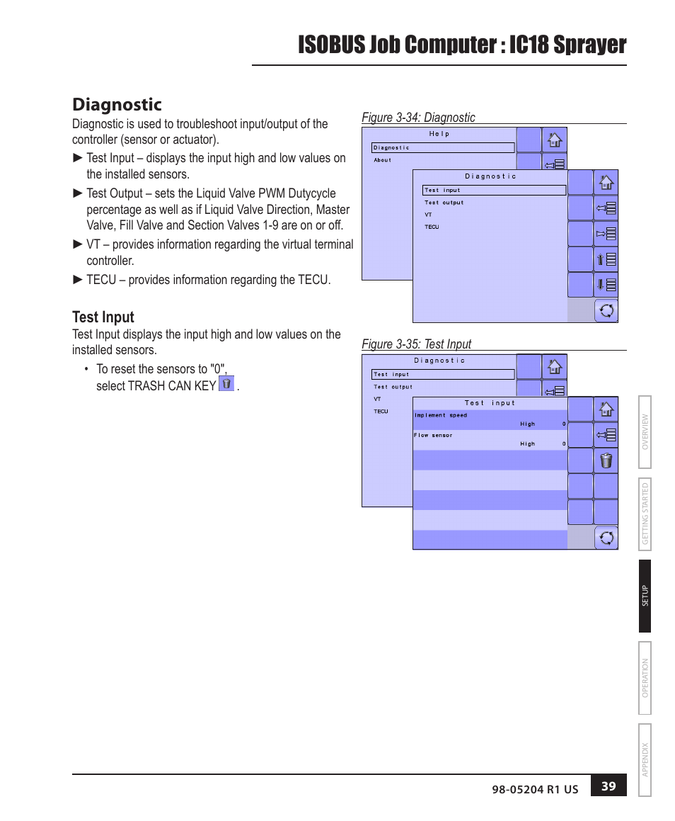 Isobus job computer : ic18 sprayer, Diagnostic, Test input | TeeJet IC18 SPRAYER JOB COMPUTER User Manual | Page 45 / 68