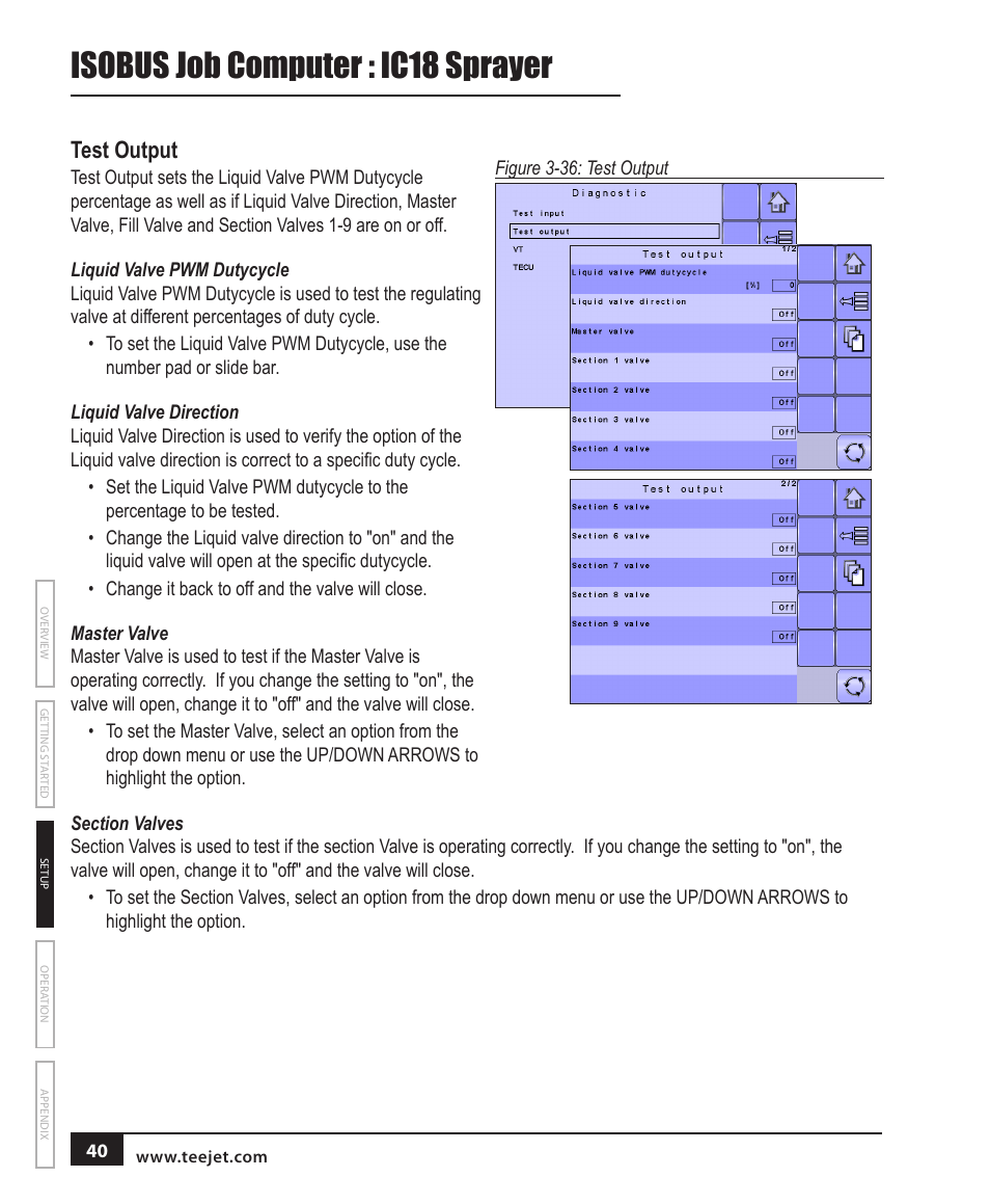 Isobus job computer : ic18 sprayer, Test output | TeeJet IC18 SPRAYER JOB COMPUTER User Manual | Page 46 / 68