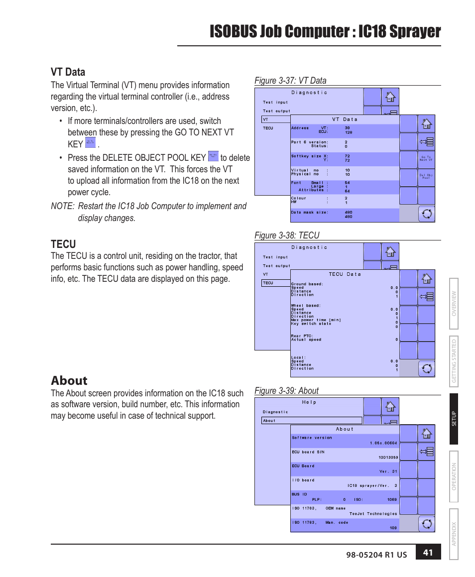 Isobus job computer : ic18 sprayer, About, Vt data | Tecu | TeeJet IC18 SPRAYER JOB COMPUTER User Manual | Page 47 / 68