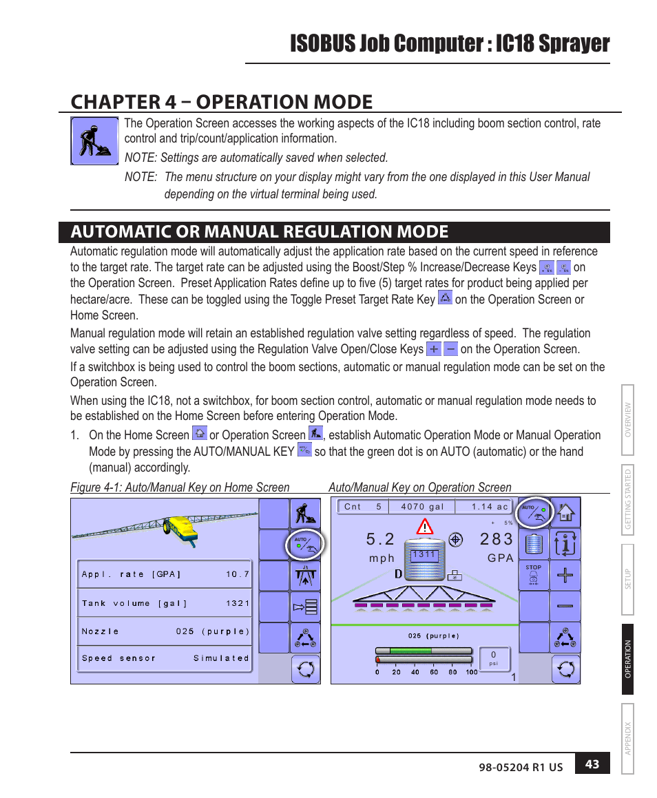 Isobus job computer : ic18 sprayer, Chapter 4 – operation mode, Automatic or manual regulation mode | TeeJet IC18 SPRAYER JOB COMPUTER User Manual | Page 49 / 68