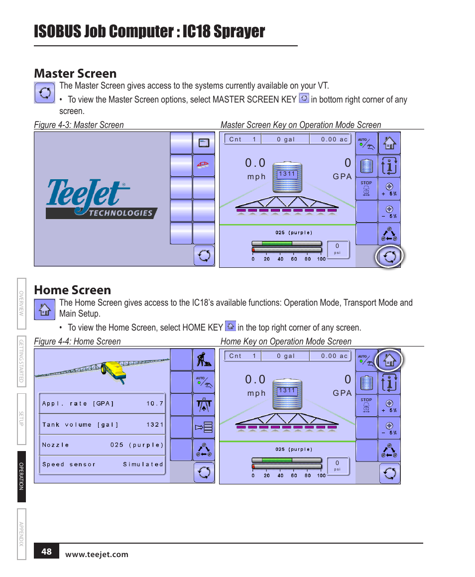 Isobus job computer : ic18 sprayer, Master screen, Home screen | TeeJet IC18 SPRAYER JOB COMPUTER User Manual | Page 54 / 68