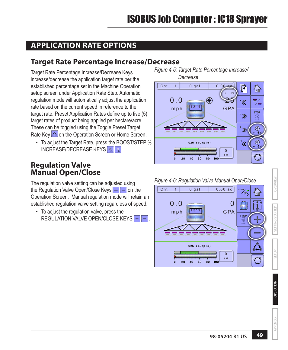 Isobus job computer : ic18 sprayer, Regulation valve manual open/close | TeeJet IC18 SPRAYER JOB COMPUTER User Manual | Page 55 / 68