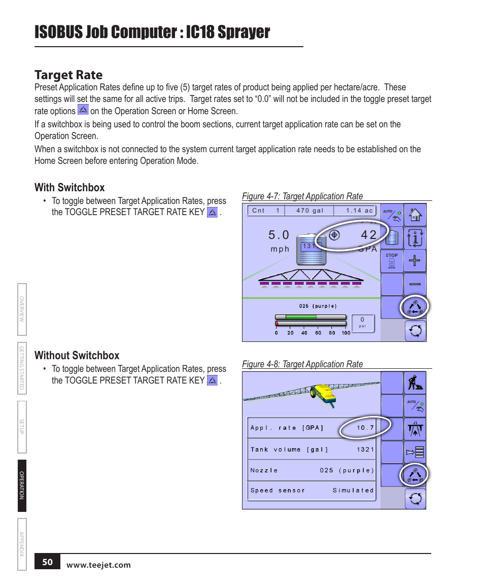 Isobus job computer : ic18 sprayer, Target rate, With switchbox | Without switchbox | TeeJet IC18 SPRAYER JOB COMPUTER User Manual | Page 56 / 68