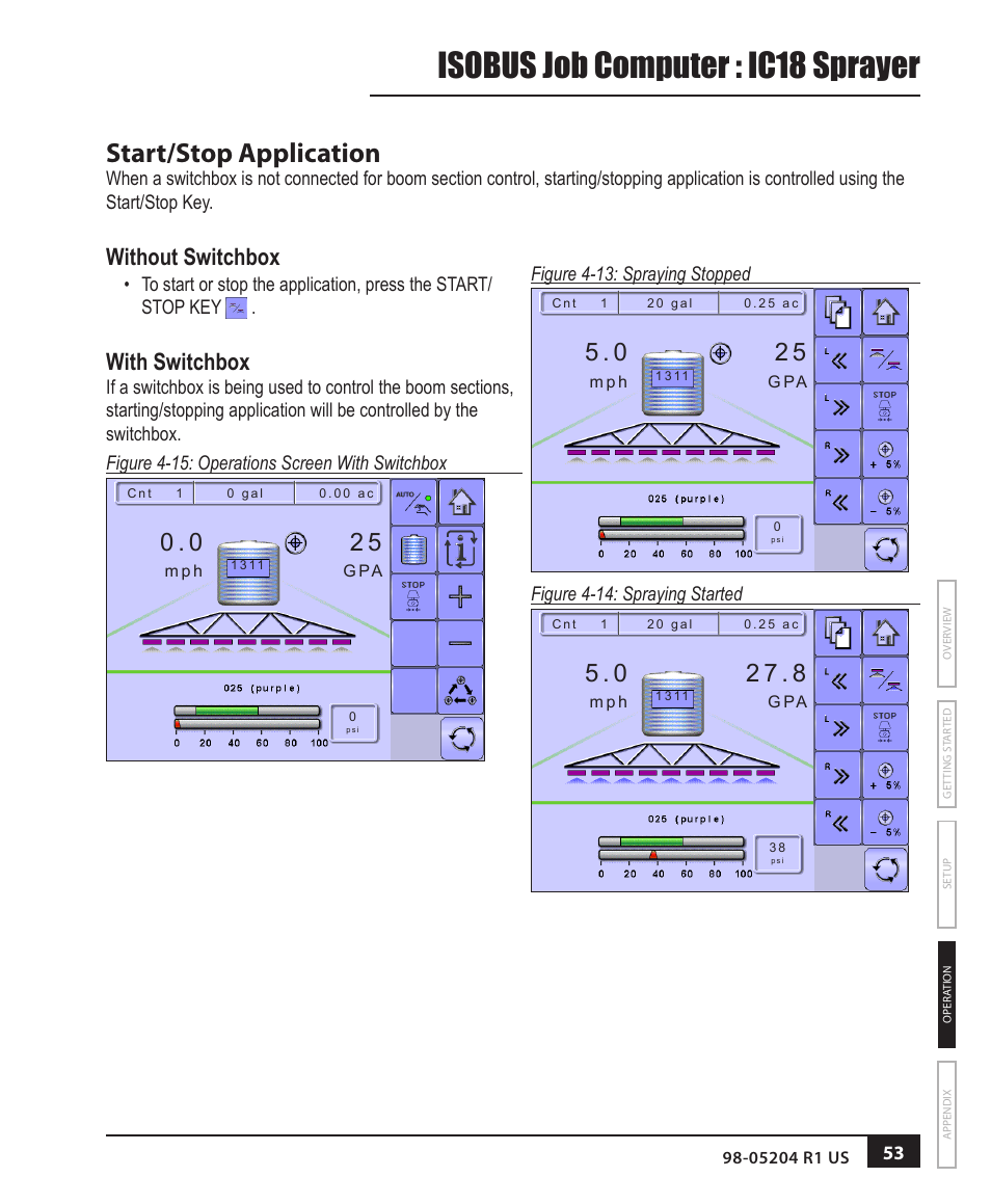 Isobus job computer : ic18 sprayer, Start/stop application, Without switchbox | With switchbox | TeeJet IC18 SPRAYER JOB COMPUTER User Manual | Page 59 / 68