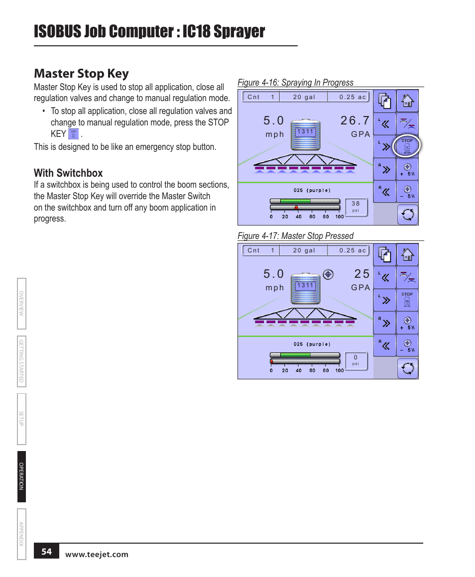 Isobus job computer : ic18 sprayer, Master stop key, With switchbox | TeeJet IC18 SPRAYER JOB COMPUTER User Manual | Page 60 / 68