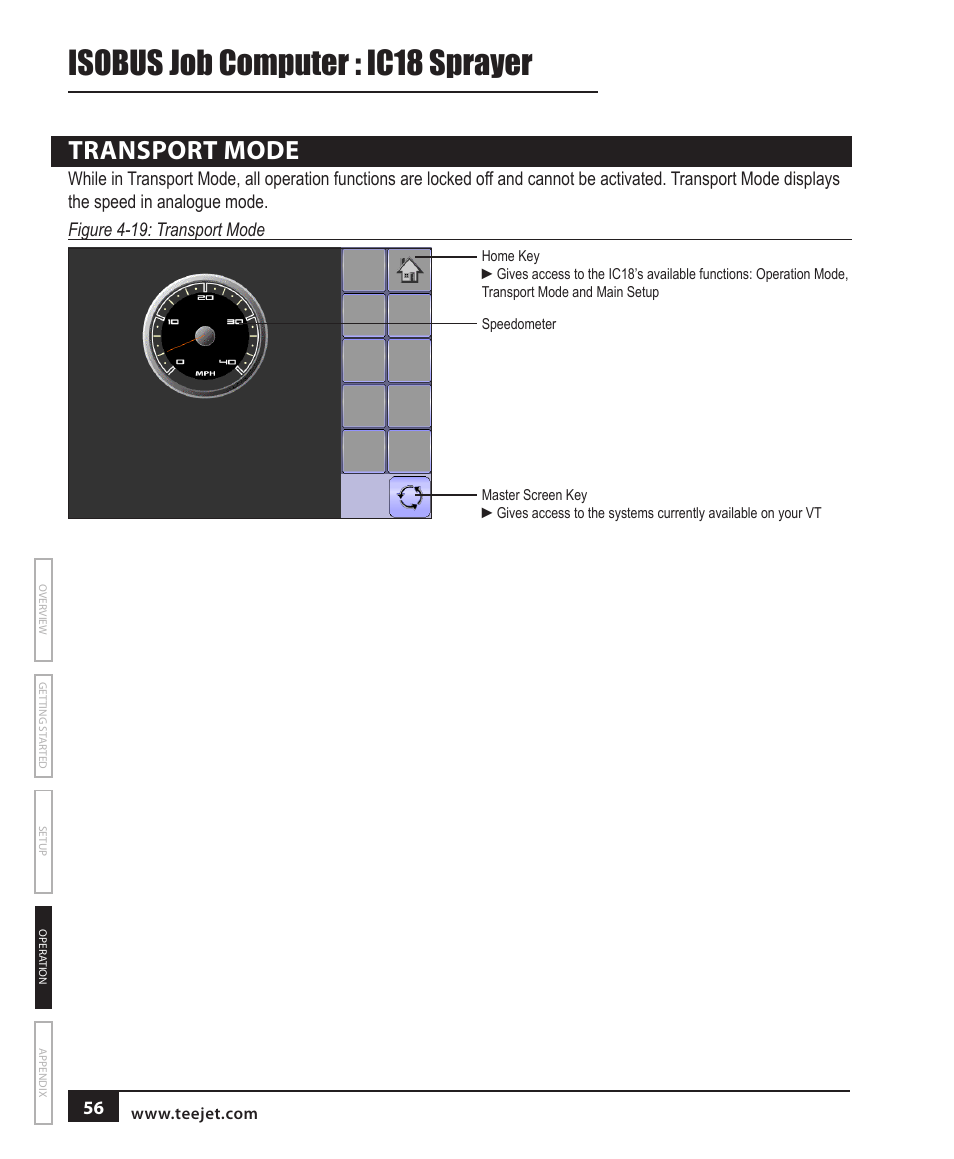 Isobus job computer : ic18 sprayer, Transport mode | TeeJet IC18 SPRAYER JOB COMPUTER User Manual | Page 62 / 68
