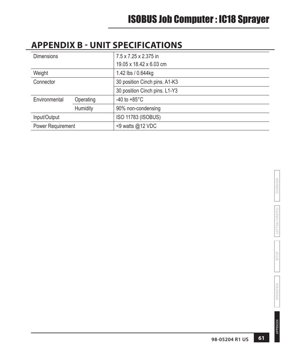 Isobus job computer : ic18 sprayer, Appendix b - unit specifications | TeeJet IC18 SPRAYER JOB COMPUTER User Manual | Page 67 / 68