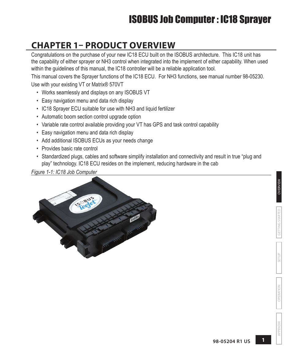 Isobus job computer : ic18 sprayer, Chapter 1– product overview | TeeJet IC18 SPRAYER JOB COMPUTER User Manual | Page 7 / 68