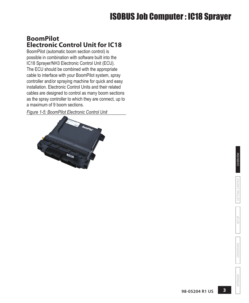 Isobus job computer : ic18 sprayer, Boompilot electronic control unit for ic18 | TeeJet IC18 SPRAYER JOB COMPUTER User Manual | Page 9 / 68