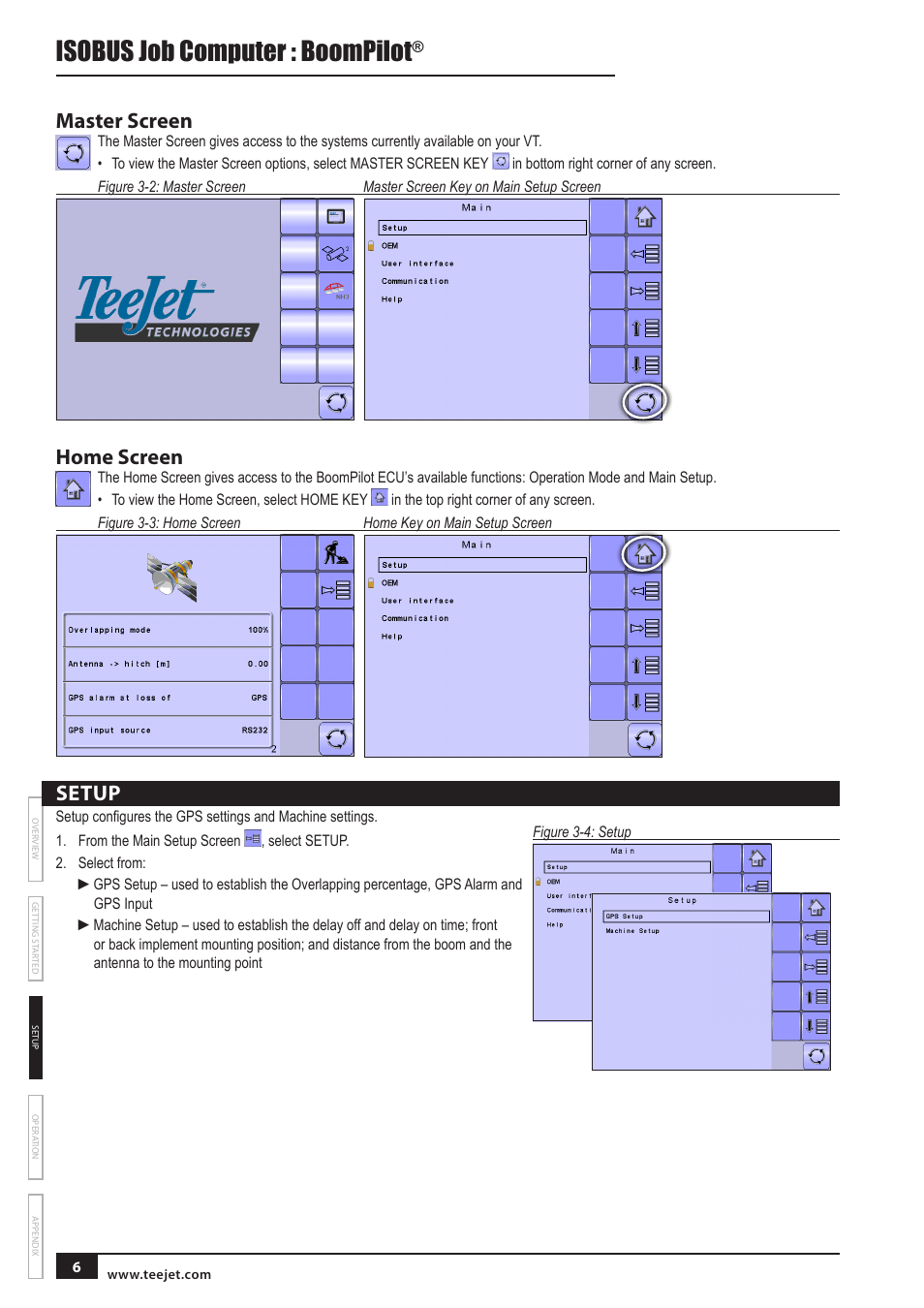 Master screen, Home screen, Setup | Setup 6, Isobus job computer : boompilot | TeeJet BOOMPILOT JOB COMPUTER User Manual | Page 10 / 21