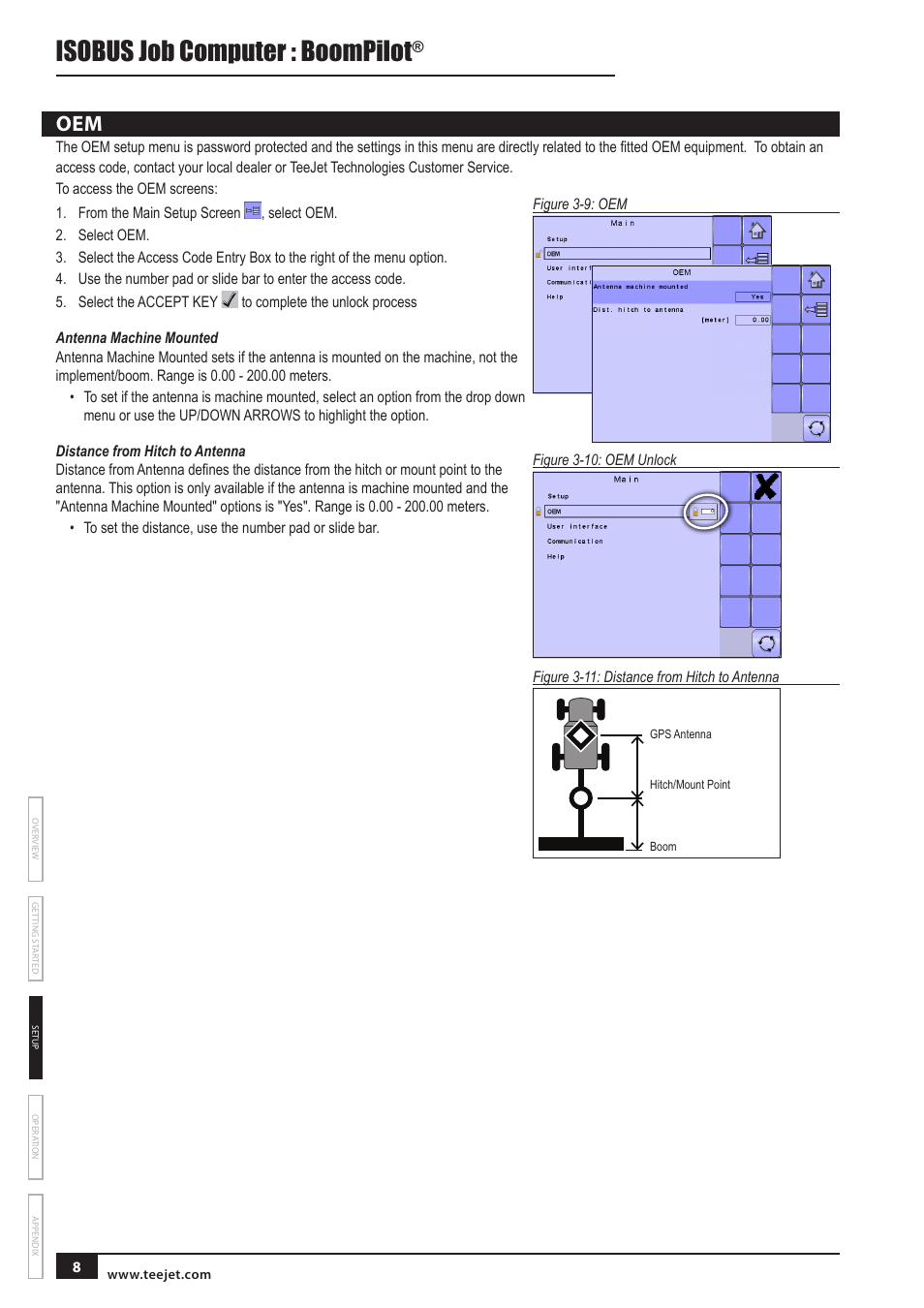 Antenna machine mounted, Distance from hitch to antenna, Oem 8 | Isobus job computer : boompilot | TeeJet BOOMPILOT JOB COMPUTER User Manual | Page 12 / 21