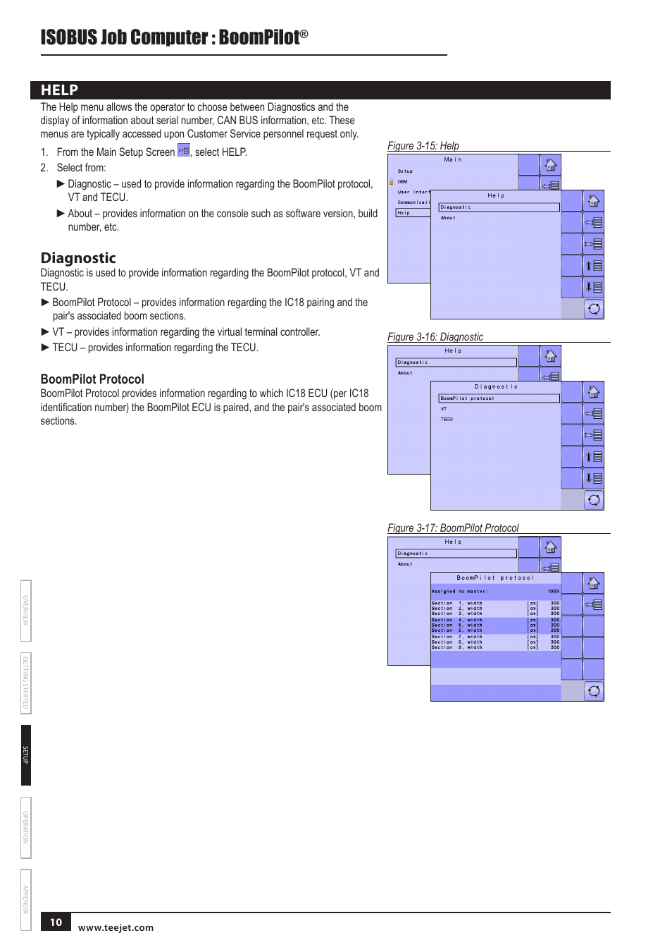 Help, Diagnostic, Boompilot protocol | Help 10, Isobus job computer : boompilot | TeeJet BOOMPILOT JOB COMPUTER User Manual | Page 14 / 21