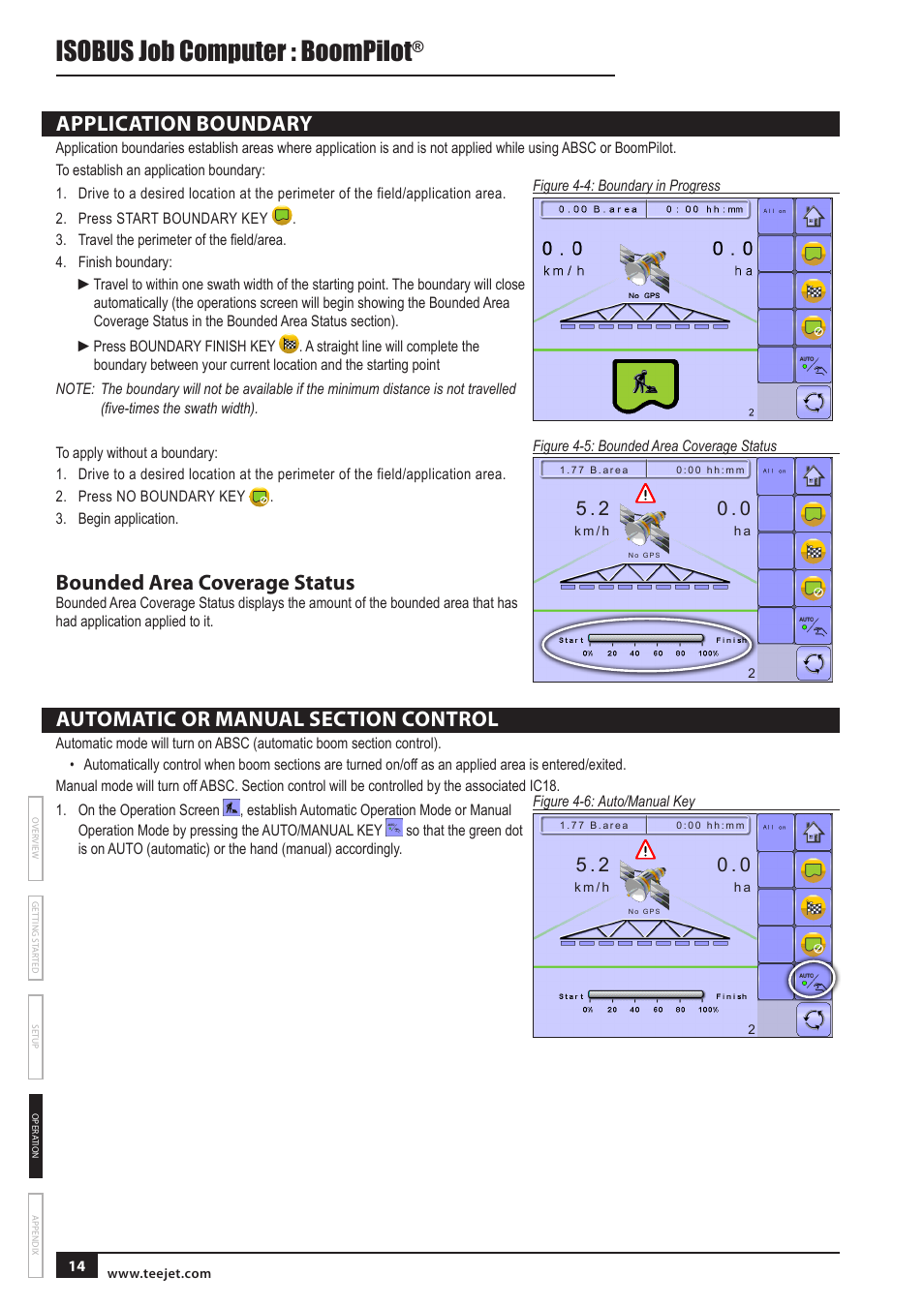 Application boundary, Bounded area coverage status, Automatic or manual section control | Isobus job computer : boompilot | TeeJet BOOMPILOT JOB COMPUTER User Manual | Page 18 / 21
