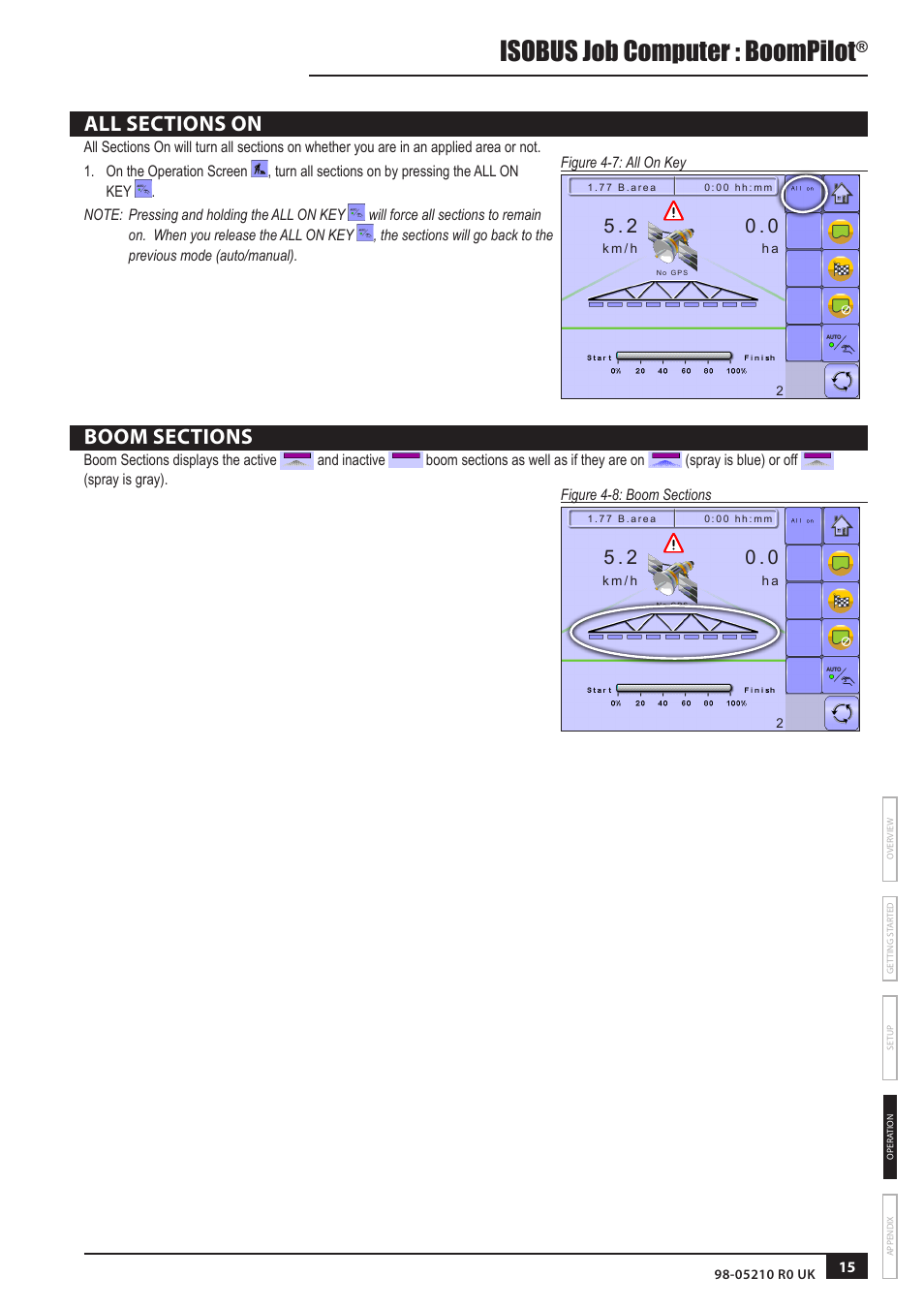 All sections on, Boom sections, Isobus job computer : boompilot | TeeJet BOOMPILOT JOB COMPUTER User Manual | Page 19 / 21