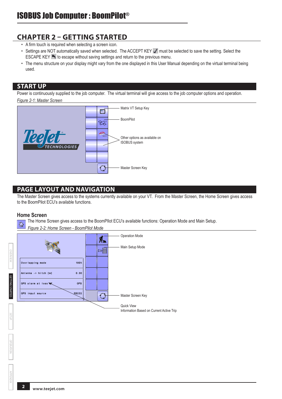 Chapter 2 – getting started, Start up, Home screen | Isobus job computer : boompilot, Page layout and navigation | TeeJet BOOMPILOT JOB COMPUTER User Manual | Page 6 / 21