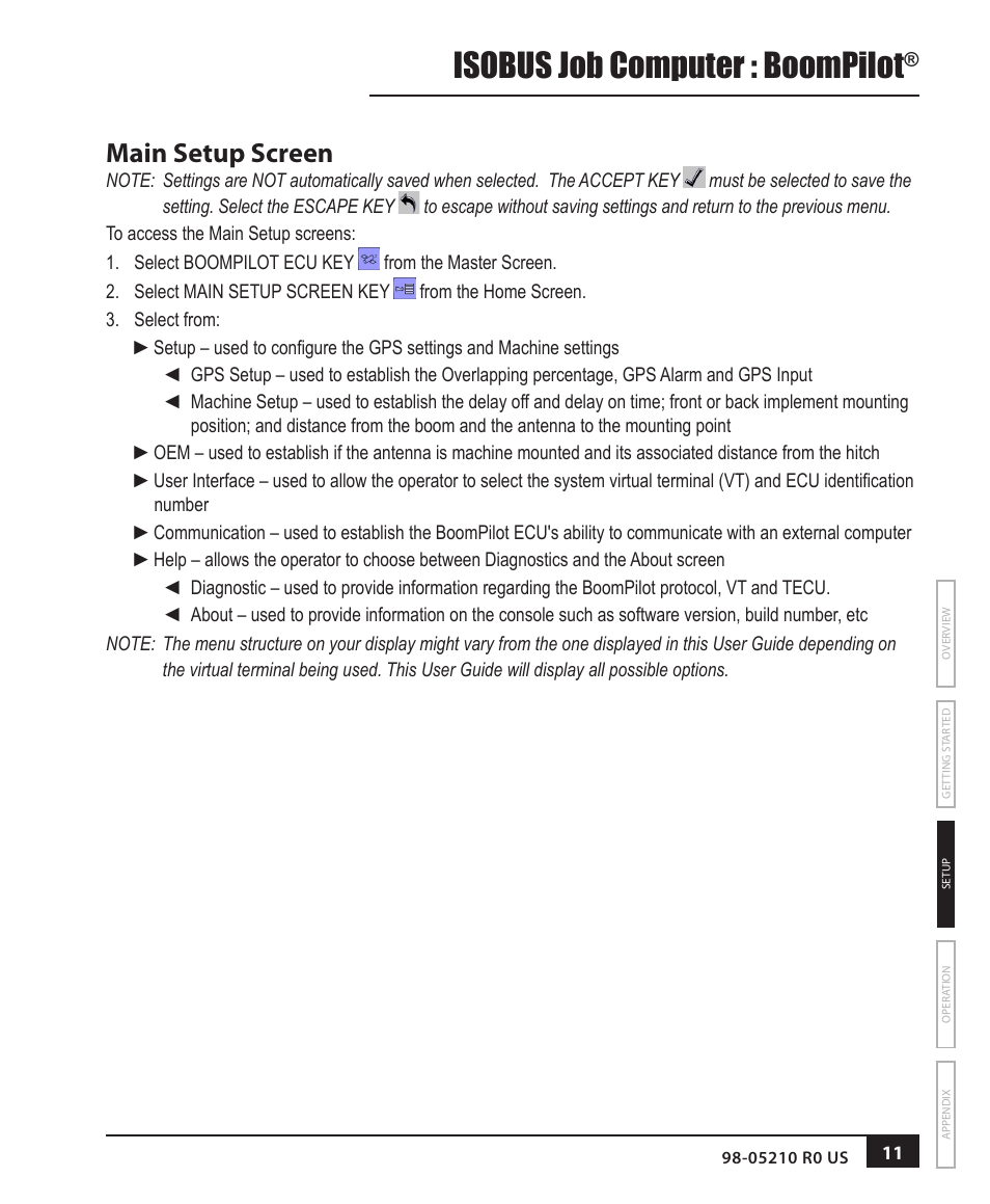 Main setup screen, Isobus job computer : boompilot | TeeJet BOOMPILOT JOB COMPUTER User Manual | Page 15 / 32