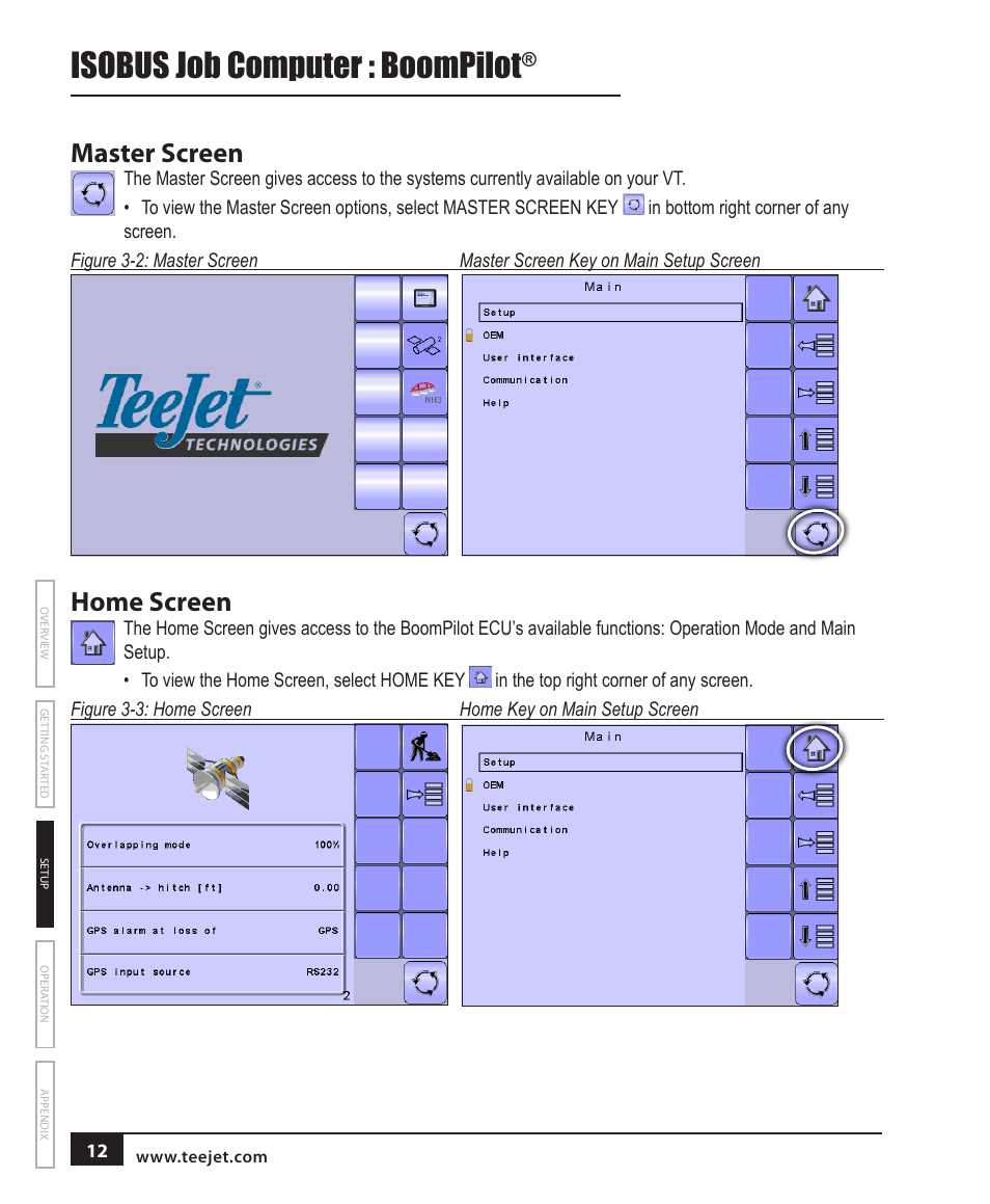 Master screen, Home screen, Isobus job computer : boompilot | TeeJet BOOMPILOT JOB COMPUTER User Manual | Page 16 / 32