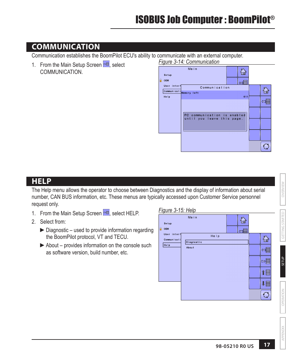 Communication, Help, Communication 17 | Help 17, Isobus job computer : boompilot | TeeJet BOOMPILOT JOB COMPUTER User Manual | Page 21 / 32