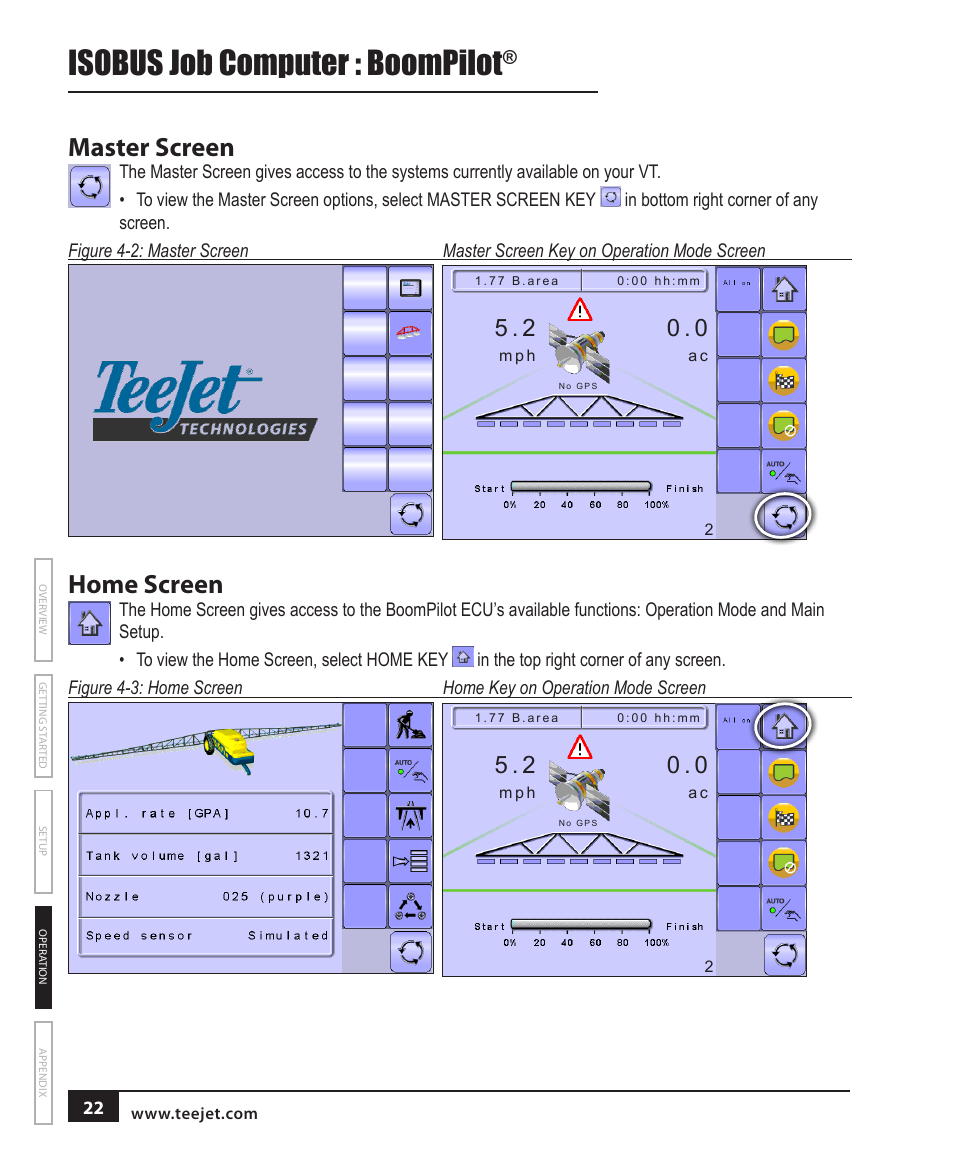 Master screen, Home screen, Isobus job computer : boompilot | TeeJet BOOMPILOT JOB COMPUTER User Manual | Page 26 / 32