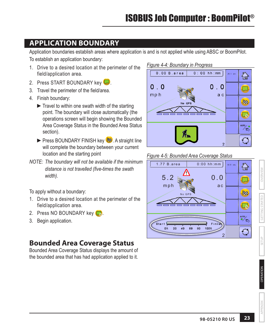 Application boundary, Bounded area coverage status, Isobus job computer : boompilot | TeeJet BOOMPILOT JOB COMPUTER User Manual | Page 27 / 32