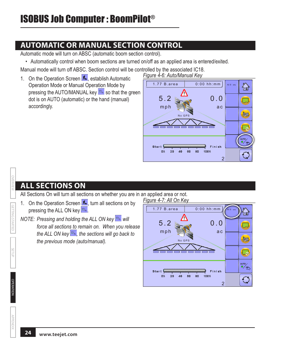 Automatic or manual section control, All sections on, Isobus job computer : boompilot | TeeJet BOOMPILOT JOB COMPUTER User Manual | Page 28 / 32